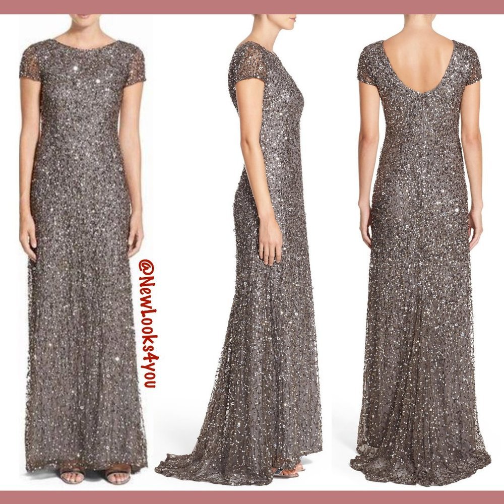 NEW $248 Adrianna Papell Short Sleeve Sequin Mesh Gown in Lead‎ [ Size 4 10 ]